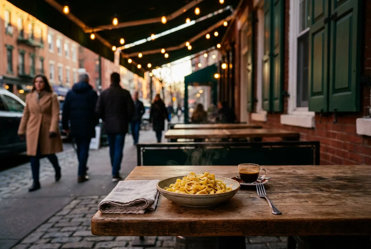 Fresh pasta and espresso on a sidewalk table under Little Italy string lights at dusk