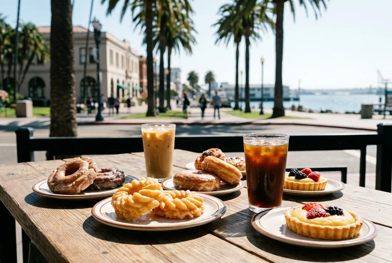Donuts and pastries with iced coffee on a bright downtown San Diego cafe table
