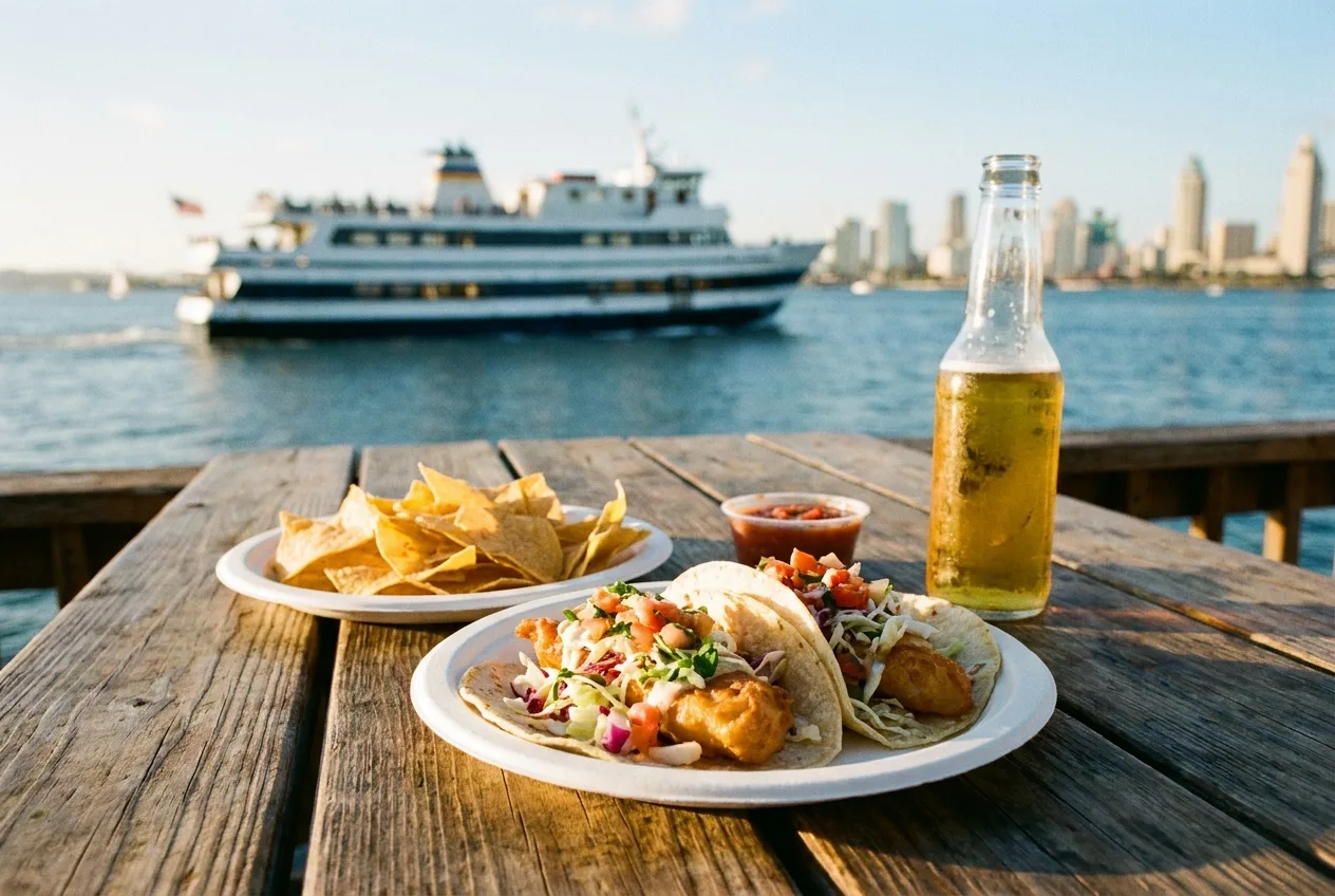 Fish tacos on a waterfront table with a bay ferry crossing toward Coronado behind
