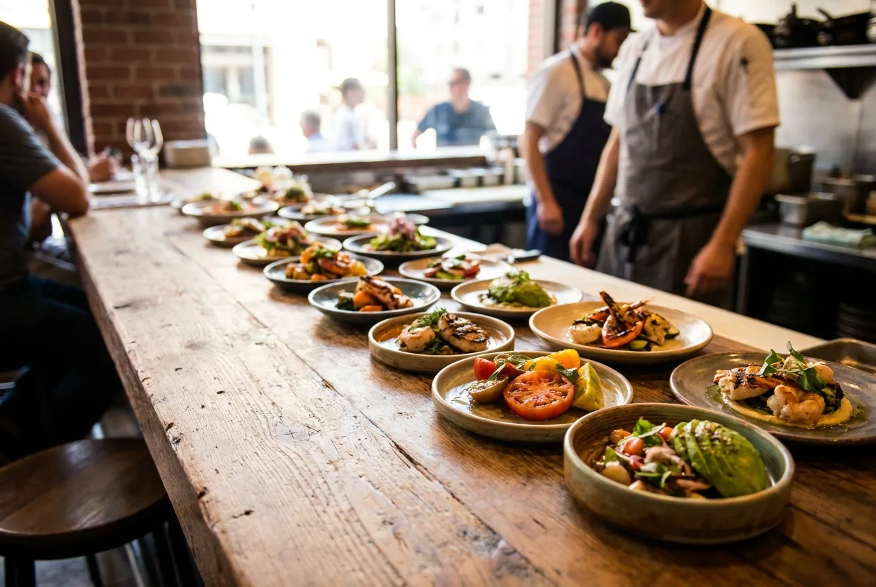 Modern Californian small plates lined along a chef's counter in a Gaslamp Quarter restaurant