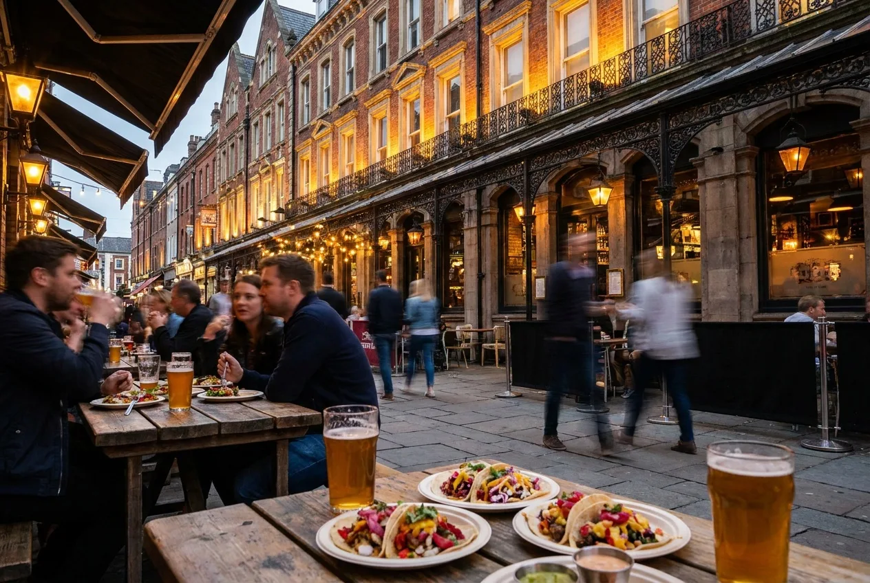 Street tacos and craft beer on a patio beneath ornate Victorian facades at dusk