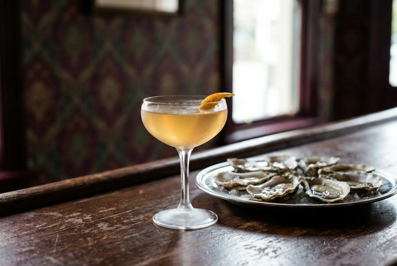 A vintage cocktail and oysters on a dark saloon bar with Victorian wallpaper