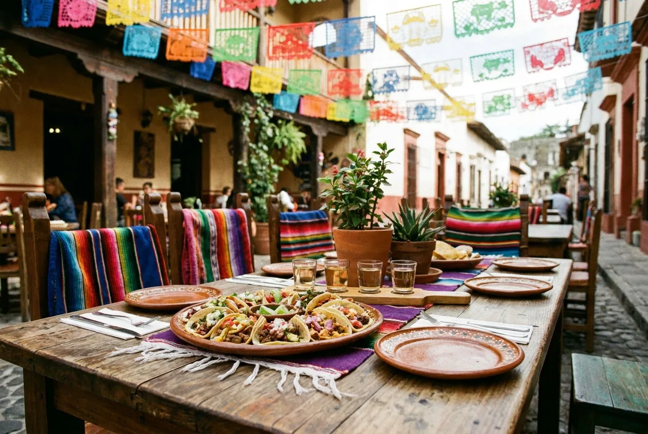Tacos and a tequila flight on a colorful Old Town cantina table