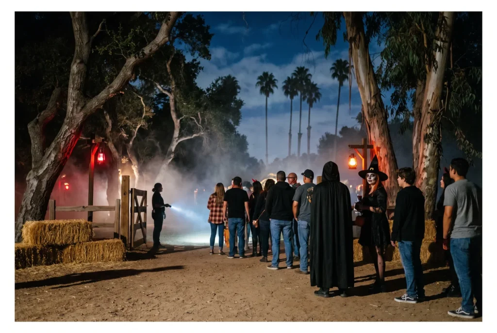 Costumed visitors waiting at night at the entrance of an outdoor haunted trail in a park grove, fog drifting between the trees under red and orange light