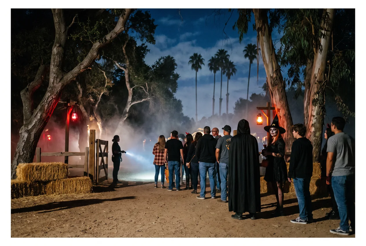 Costumed visitors waiting at night at the entrance of an outdoor haunted trail in a park grove, fog drifting between the trees under red and orange light