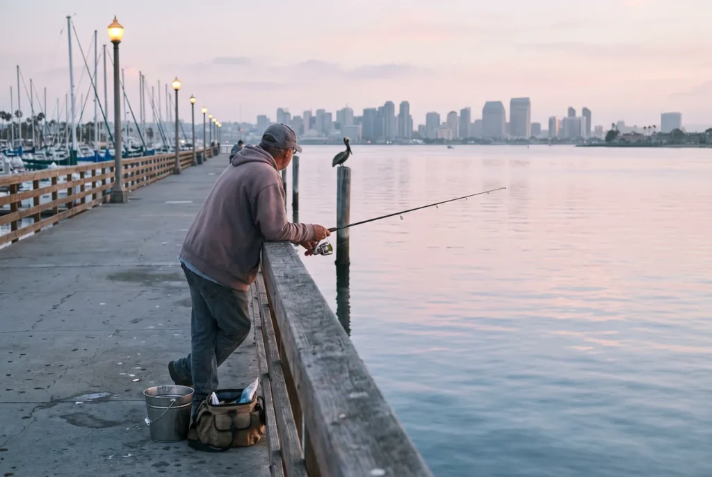 An angler at the rail of the Shelter Island fishing pier at sunrise, San Diego Bay flat and pink, sailboat masts and the downtown skyline across the water